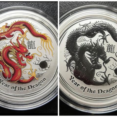 Australia 2 stk Lunar 2014 Dragon farget og vanlig 1/2 OZ Sølv. 999