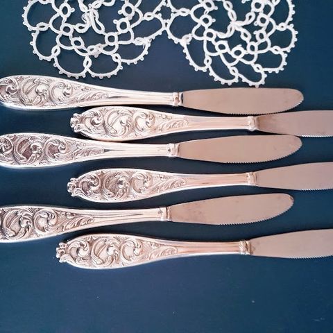 6stk. Hardanger  Rokokko sølvplett 60g  kniver, ubrukt