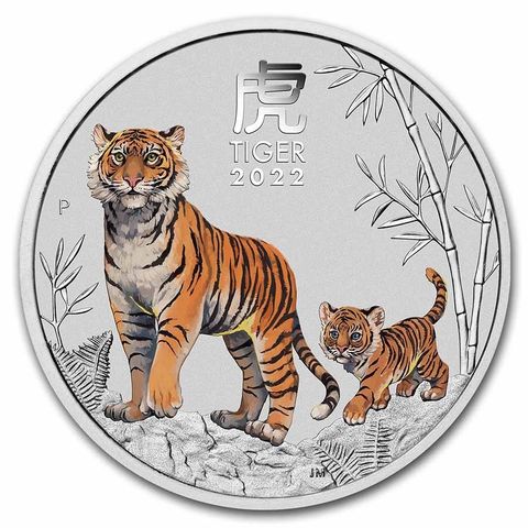 2 oz farget 2022 Australia Sølv Lunar S3 «Year of the Tiger» BU M/Kapsel