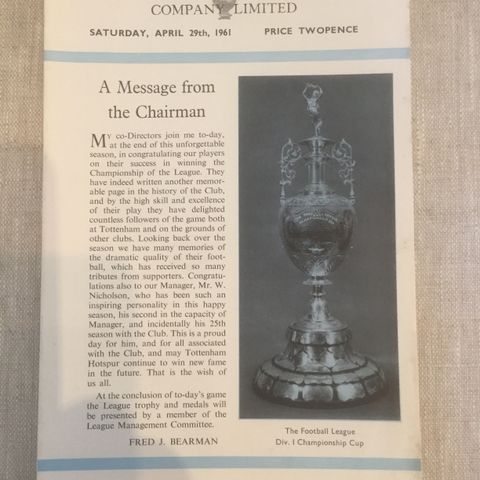 Tottenham Hotspur mot West Bromwich Albion fotballprogram fra 1961