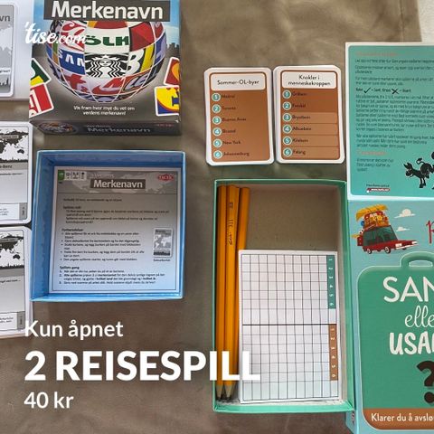 2 reisespill /familiespill Kr 30 pr stk, 1 kun åpnet, 1 brukt 1 x