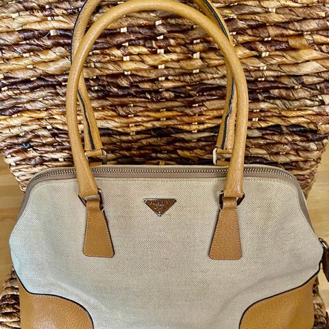 PRADA- Natural Canvas Tan Leather Trimmed 38cm wide, 23cm high, 15cm handle drop