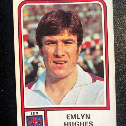 Sjeldent Fotballkort Emlyn Hughes Liverpool England Panini VM 1978
