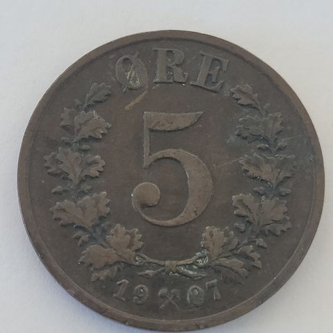 5 øre 1907 Norge.  Fin mynt i et veldig lavt opplag  ( 200 000 )