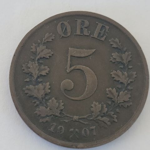 5 øre 1907 Norge , Veldig lavt opplag ( 200 000 )