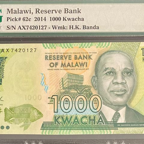 GRADERT AV PMG. 66. EPQ. MALAWI. P-62c   1000 KWACHA 2014. 05.02-2024 ned 50 kr