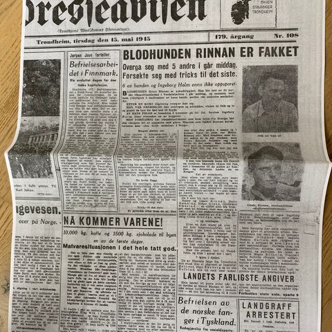 Kopier fra Adresseavisen 15.mai 1945: Alt om Rinnan arrestasjonen