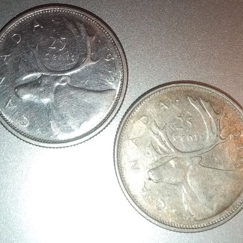 Canada 25 cents 1959 og 1968 .800/.500 sølv selges samlet NY PRIS