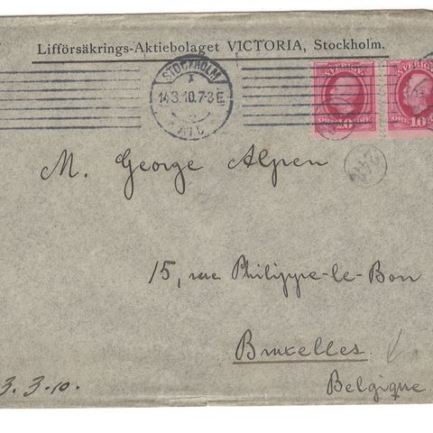 Brev fra Sverige til Bruxelles 13-03-1910