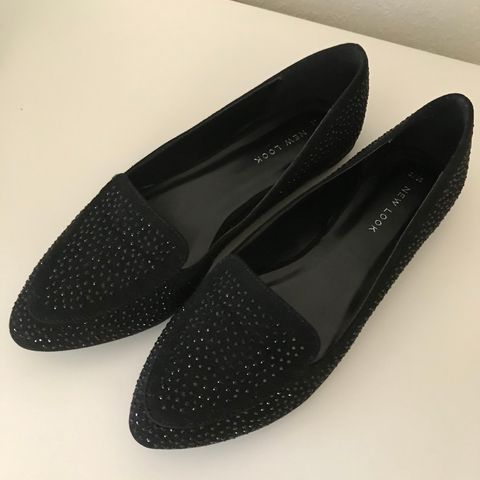 Ubrukte ballerina/ loafers i tekstil, str. 38 (37/ 36,5)