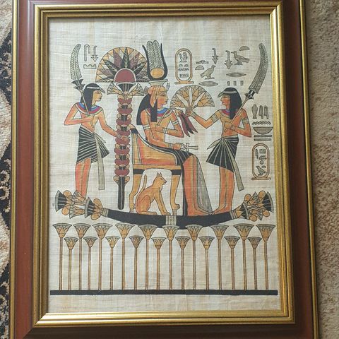 Kjempefint håndmalt papyrusbilde fra Egypt.