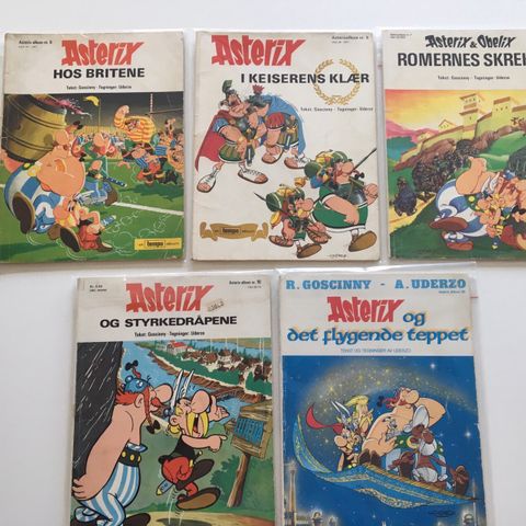 Asterix album, første utgaver nr 5, 6, 7,  10 og 28.