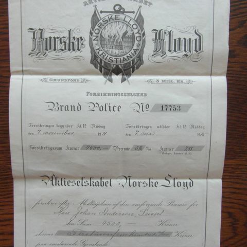 Forsikringsbrev - Norske Lloyd - Leivset gård i Fauske - 1914