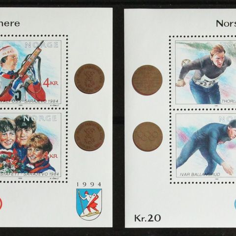 Postfriske miniark "Norske OL-vinnere I og II", katalogverdi 120,-