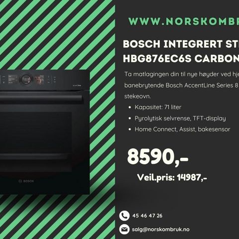 Bosch integrert stekeovn HBG876EC6S Carbon Black med 2 års garanti!