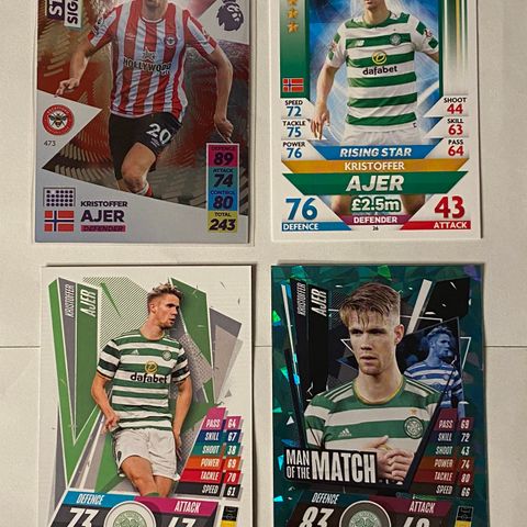 Kristoffer Ajer, 4 stk fotballkort Celtic: Star signing, Man of the match ….