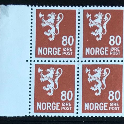 4-blokker postfrisk, nk 358, **, 80 øre løve 1946, prima postfrisk 4-blokk