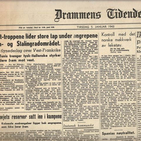 Drammens Tidende Januar 1943 mens Tyskland ennå hadde noenlunde overtaket