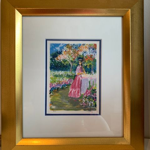 Søt akvarell ; kvinne i hagen