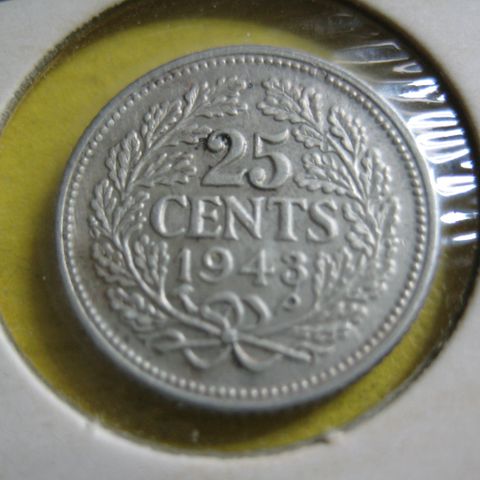 25 cents nederland 1943 sølv kv 0