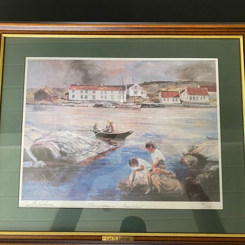 Litografi/trykk av marinemaler Carl B. Hestman - motiv fra Havsøysund i Arendal.