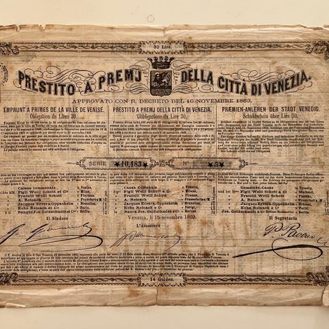 Italiensk obligasjon / aksje , Venezia 30 Lire / 14 Gulden anno 1869