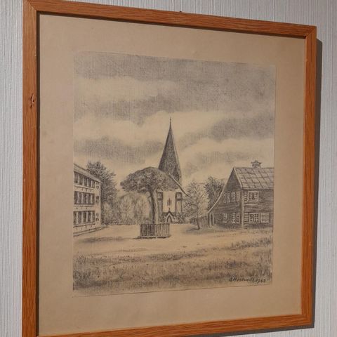 Vossamaler Olav Hustvedt, "Ved Voss kirke", tegning datert 1968