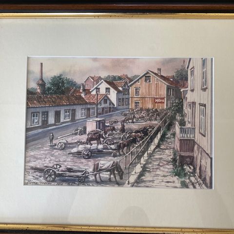 Maleri med motiv av Hestetorvet i Grimstad i 1916.