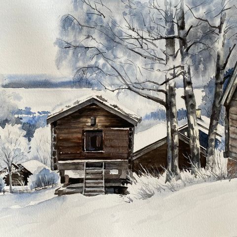 Vinter landskap akvarellmaleri