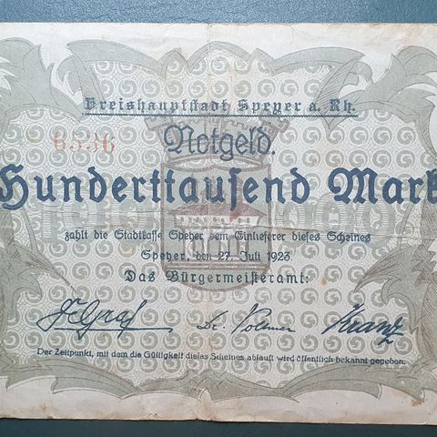 Tysk 100.000 Mark (1923) Notgeld Seddel