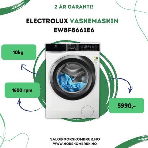 Electrolux vaskemaskin 10kg EW8F8661E6 | 2 års garanti | Norsk Ombruk