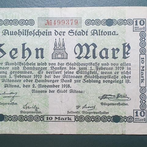 Tysk 10 Mark (1918) Lokal Seddel