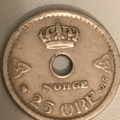 Norge 25 øre m/ hull 1927