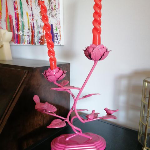 Rosa romantisk kitch rustikk lysestake med fugler og blomster