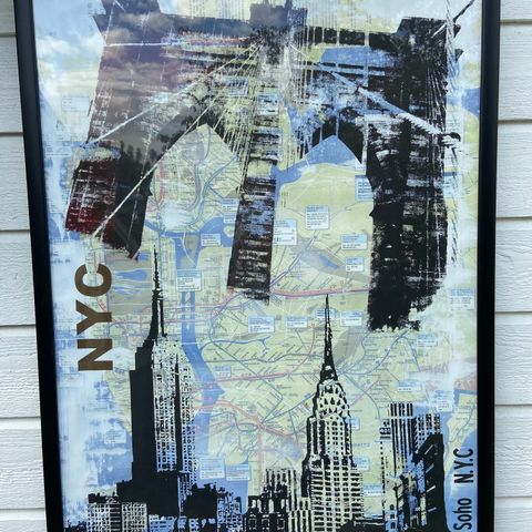 Stort, unikt bilde/ kunst / kart over New York, h: 87 x b: 62 cm.