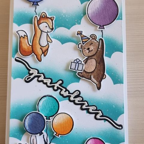 Håndmalt langt bursdagskort, og konvolutt, med dyr og ballonger