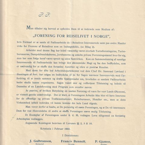 Oppfordring til å bli medlem av FORENING FOR REISELIVET I NORGE 1903.