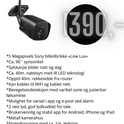 Wifi Kamera med bilde og varsel på mobilen. Metall kamera. AI. Sony bildebrikke