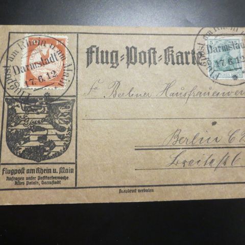 WW1 1912 Tysk Flug Post .Med nydelige stempler på frimerker.Darmstadt.