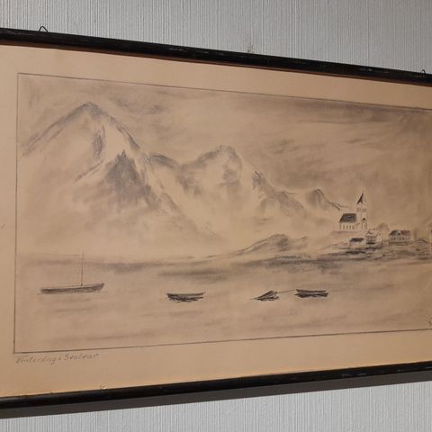 August Jacobsen (Stavanger, 1868-1955) ?,"Vinterdag i Svolvær", gammel tegning