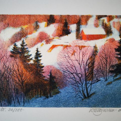 Vinterlandskap, litografi av Kjell Torjussen