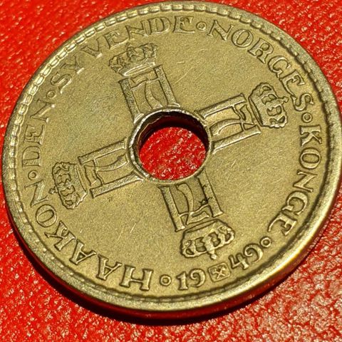 Norsk 1 krone mynt hull 1949 flotte detaljer