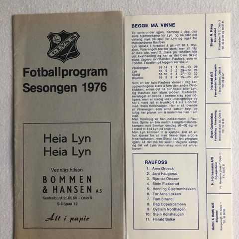 Program  Lyn - Raufoss 1976