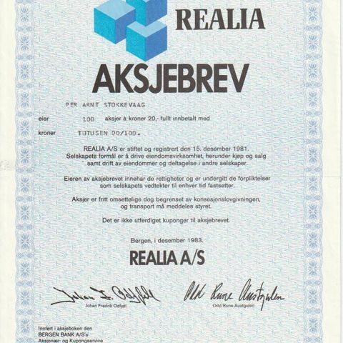 AKSJEBREV- REALIA  A/S - BERGEN  1983