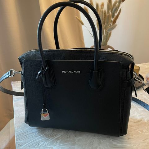 Michael Kors Mercer Medium Pebbled Leather Belted Satchel Bag- Black