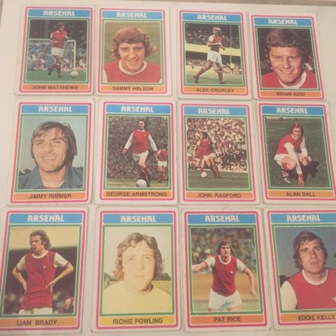 Arsenal -komplett sett 12 stk Topps 1976 fotballkort