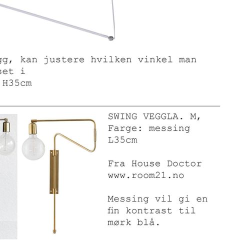 Vegglampe, swing inkl. Lyspære, som ny. Må hentes