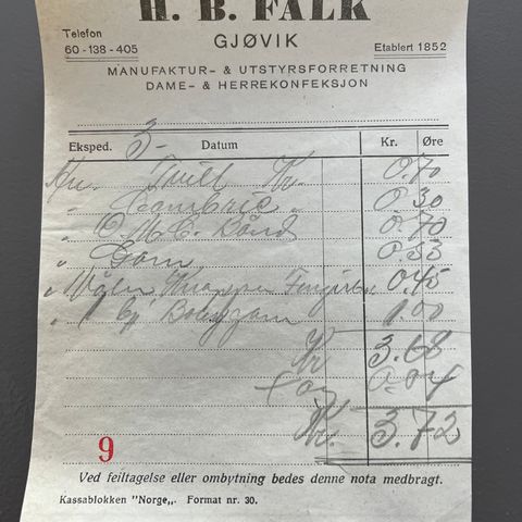 2 kvitteringer fra H.B Falk, 1939 og 1941.