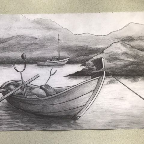 Maritimt bilde fra Stavern , tegning med kullstift/ blyant