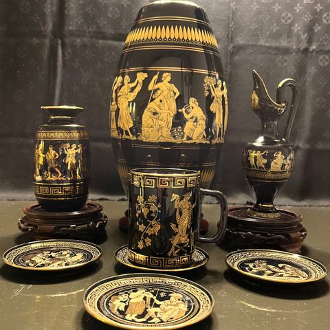 A beautiful Signed set of 24K Greece collection vase, cup, under glass plate.